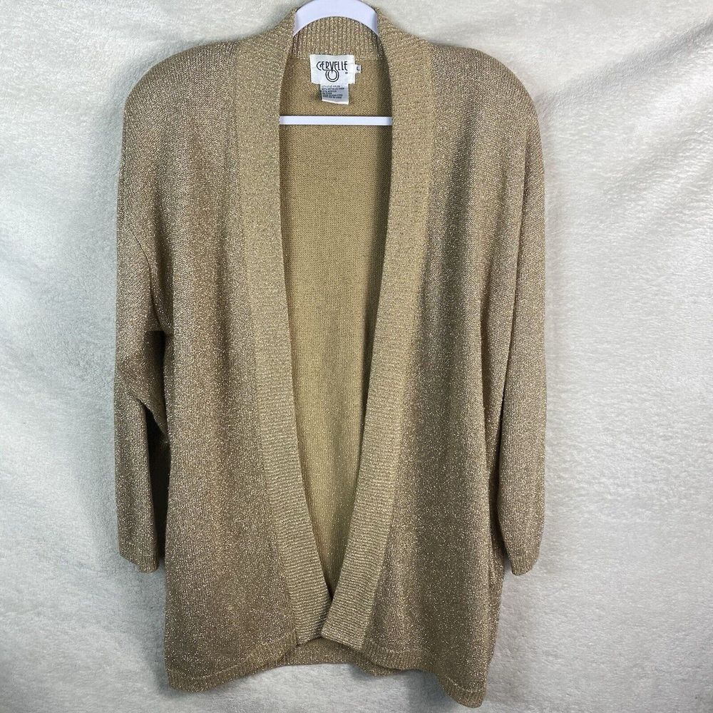 VTG 1990s‎ Cervelle Metalic Gold Cardigan Size L Oversized Longline Holiday